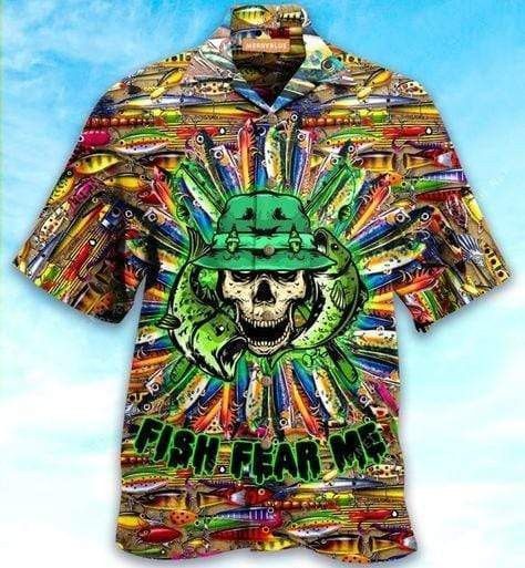 Fishing Trendy Hawaiian Shirt Fishing Aloha Shirt Fish Fear Me Skull Colorful Hawaii Shirt
