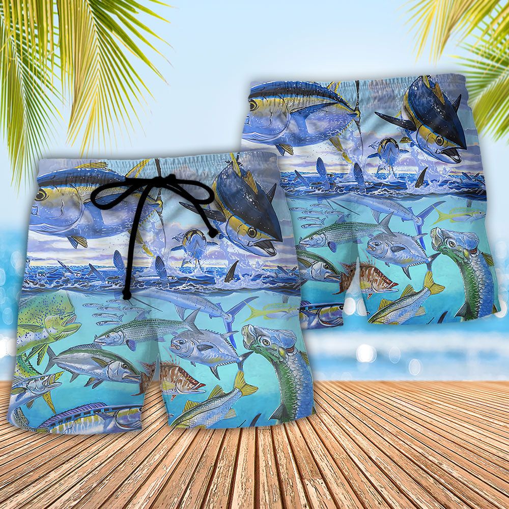 Fishing Undersea The Rodfather Tuna Fish Trendy Aloha Hawaiian Beach Shorts