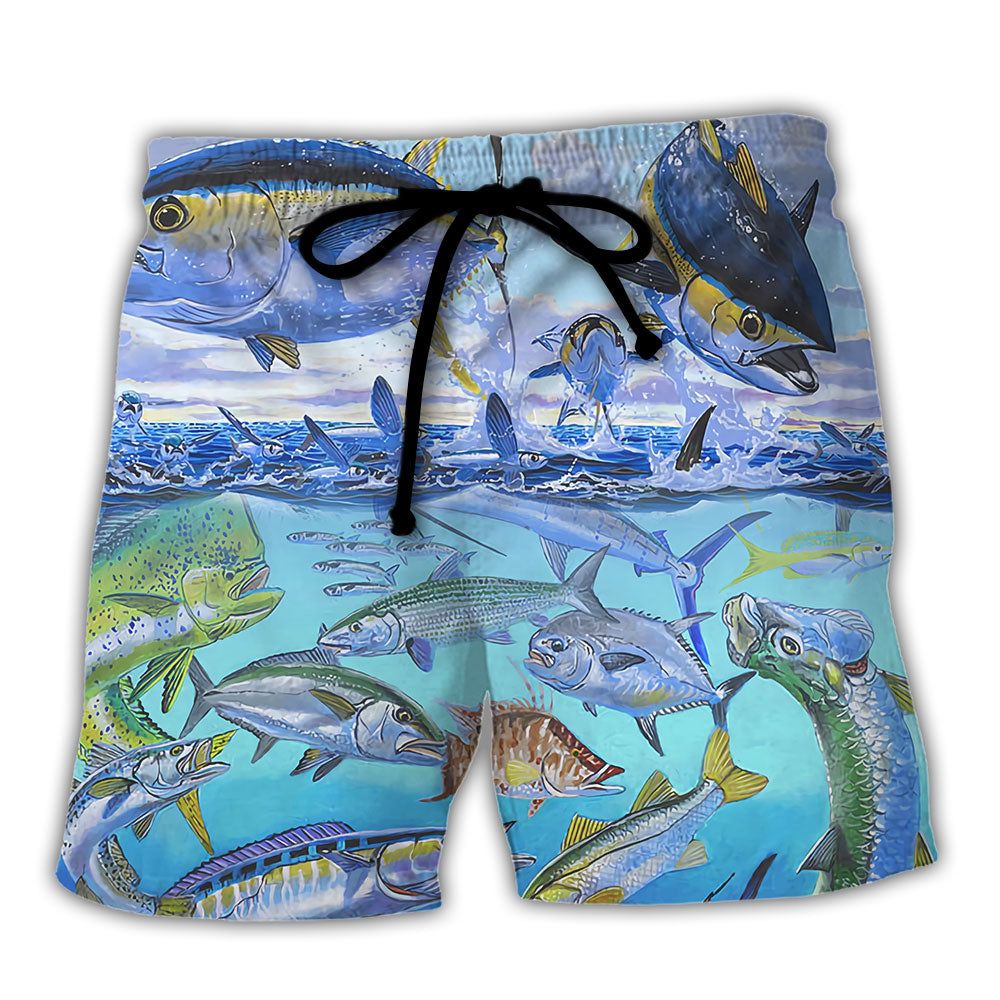 Fishing Undersea The Rodfather Tuna Fish Trendy Aloha Hawaiian Beach Shorts