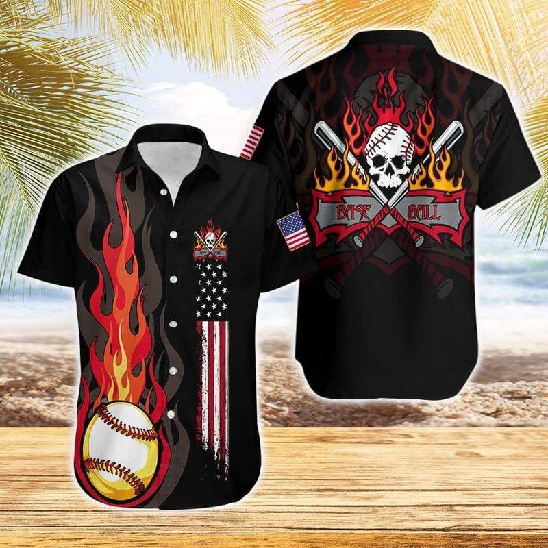 Flame Baseball Skull American Flag Trendy Hawaiian Shirts