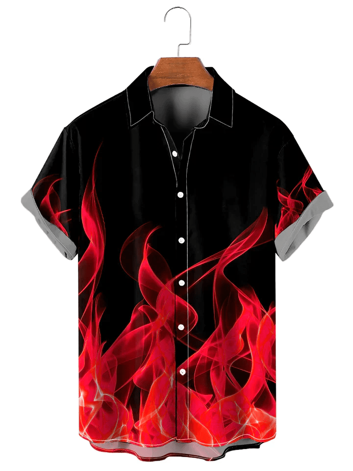 Flame Pattern Short Sleeve Shirt, Trendy Hawaiian Shirt For Men And Women Flame Pattern Short Sleeve Shirt, Trendy Hawaiian Shirt For Men And Women