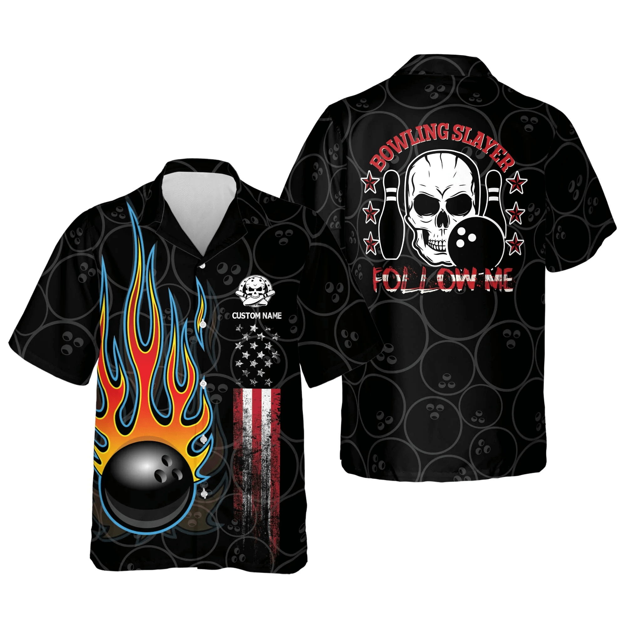 Flame Skull Bowling Slayer – Follow Me Button-Down Trendy Hawaiian Shirt, Bowling Team Shirt, Bowling Gift