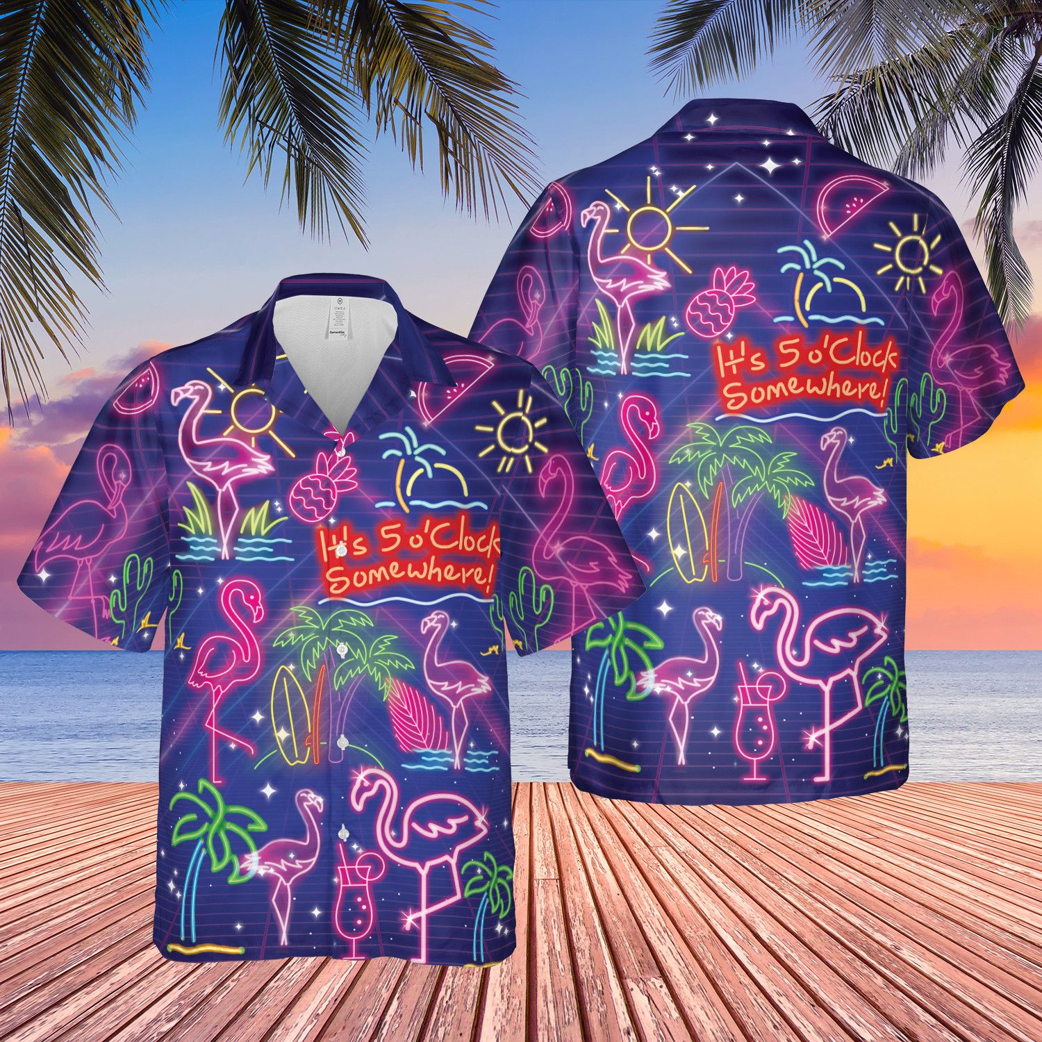 Flamigo Neon Its 5 Oclock Somewhere Trendy Hawaiian Shirt Aloha Shirt