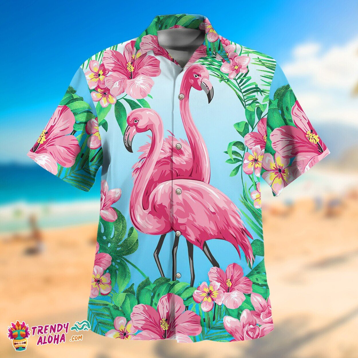 Flamingo & Green Leaf Tropical Unisex Custom Hawaiian Aloha Shirt