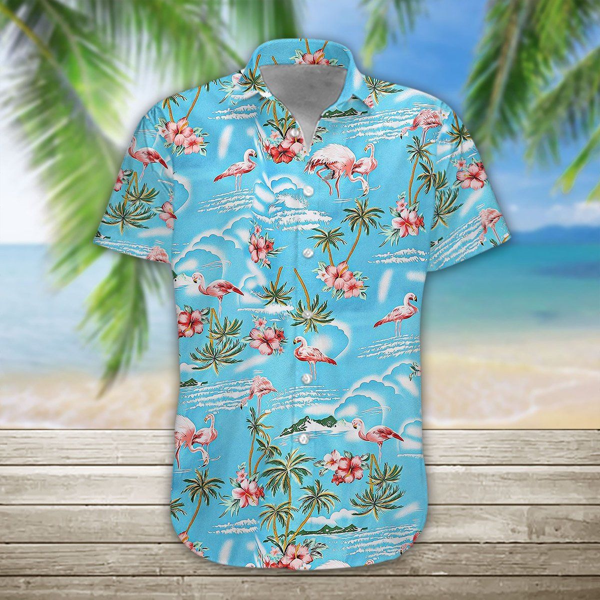 Flamingo Aloha Shirt Blue Ocean Palm Tree Flamingo Hawaiian Shirt Flamingo Hawaii Shirt