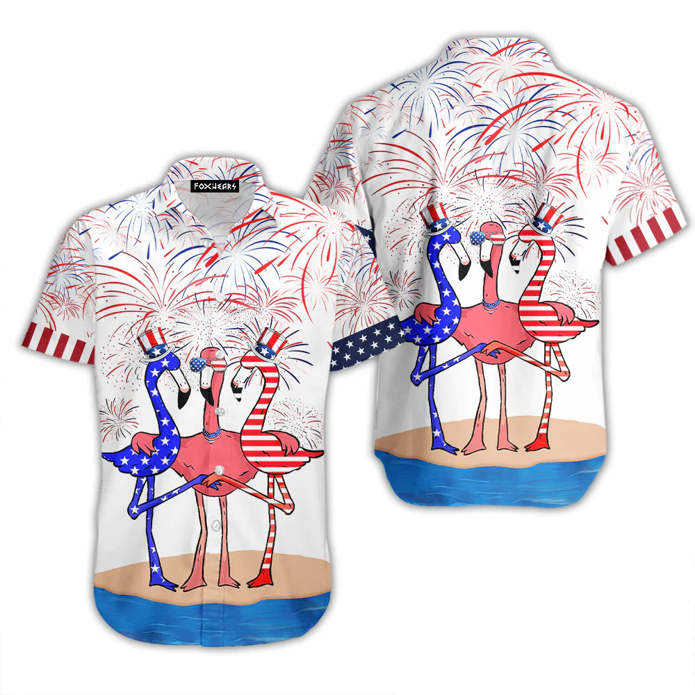 Flamingo American Flag Firework Hawaiian Shirt For Aloha Shirt