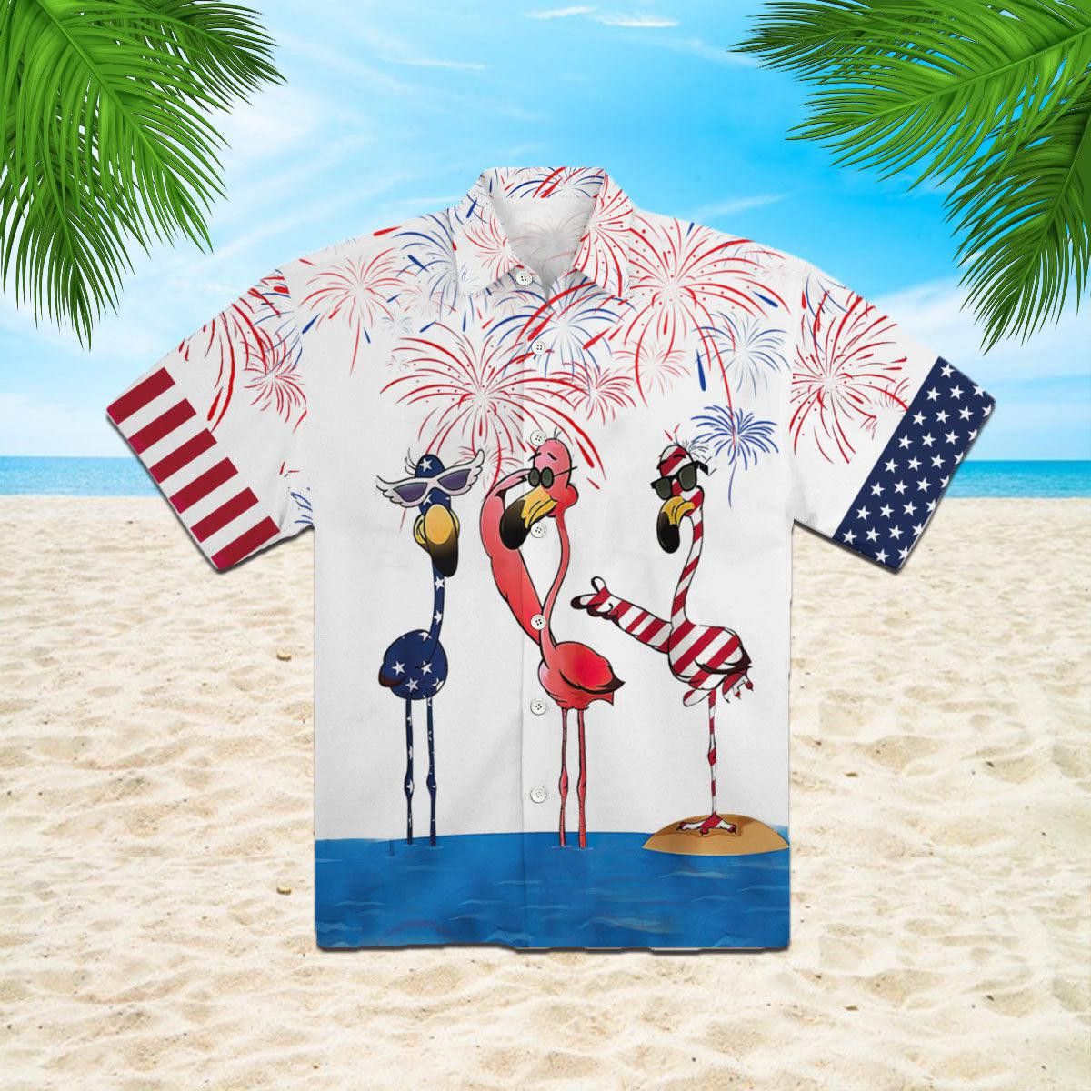 Flamingo American Flag Firework Trendy Hawaiian Shirt