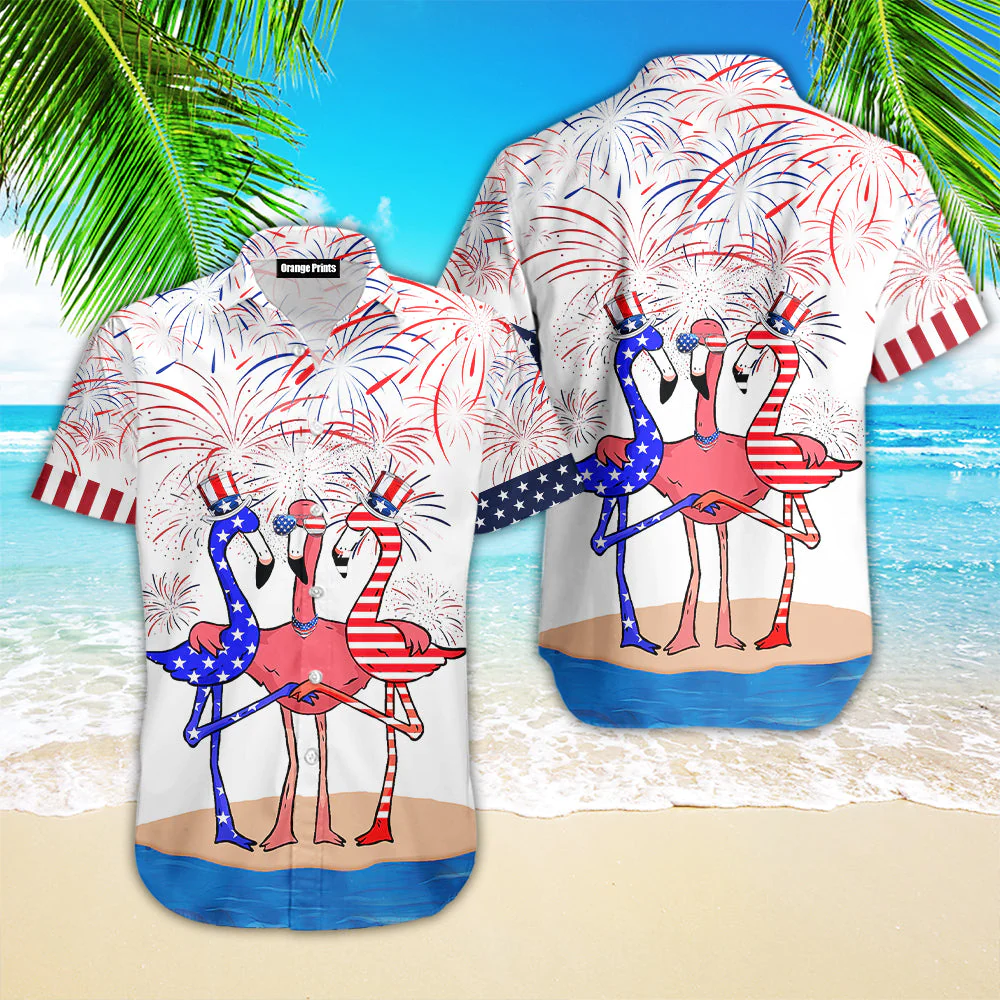 Flamingo American Flag Firework Trendy Hawaiian Shirt For Aloha Shirt