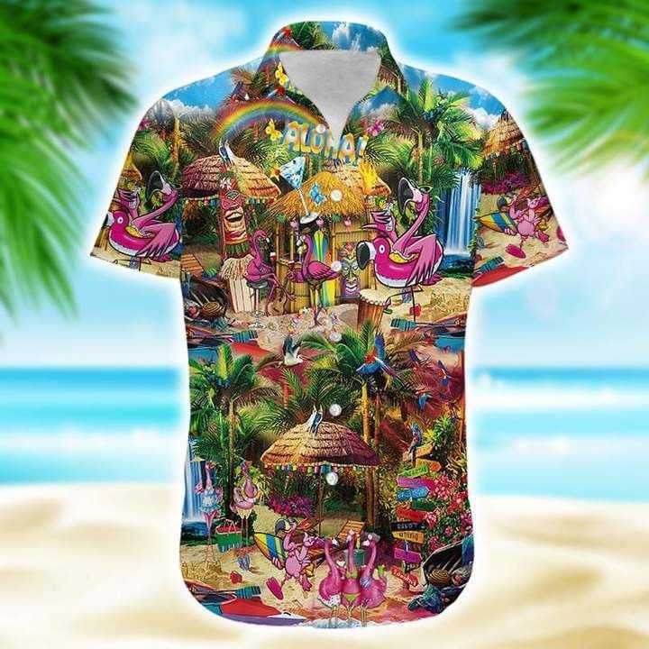 Flamingo At Tiki Bar Tropical Trendy Hawaiian Shirt Trendy Hawaiian Shirt For Men Trendy Hawaiian Shirt For Women