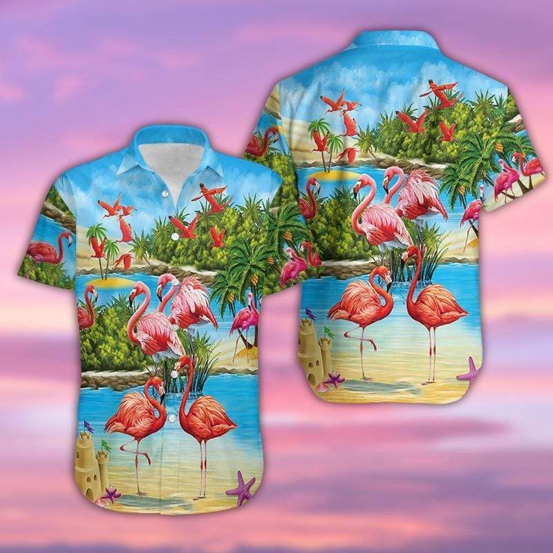 Flamingo Beach Hawaii Shirt Flamingo On The Beach Trendy Hawaiian Shirt Flamingo Aloha Shirt