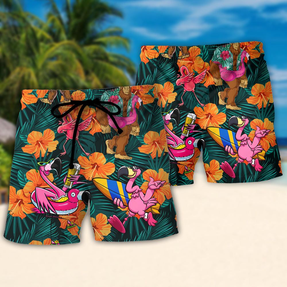 Flamingo Bigfoot Life Is Better At The Beach Tropical Style Trendy Aloha Hawaiian Beach Shorts