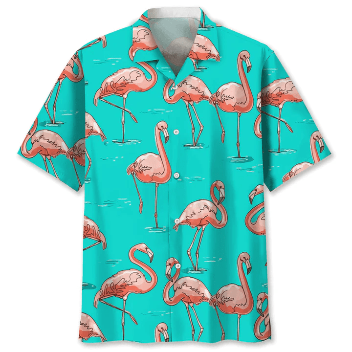 Flamingo Blue Trendy Hawaiian Shirt, Short Sleeve Summer Vacation Beach Shirts For Men