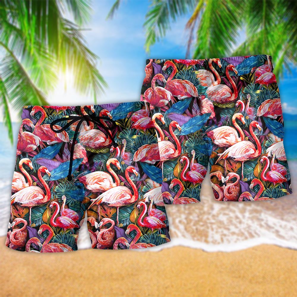 Flamingo Coloful In Tropical Summer Trendy Aloha Hawaiian Beach Shorts