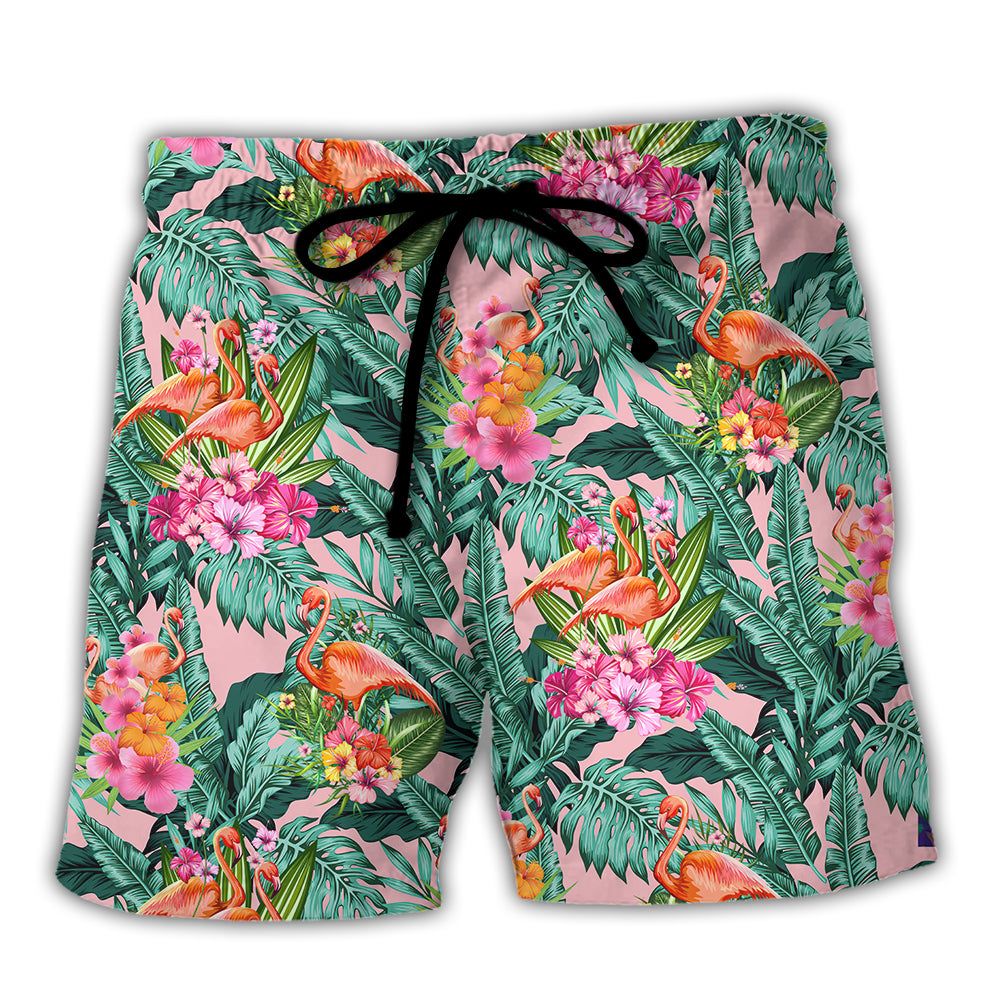 Flamingo Colorful Tropical Leaf Style Trendy Aloha Hawaiian Beach Shorts Flamingo Colorful Tropical Leaf Style Trendy Aloha Hawaiian Beach Shorts