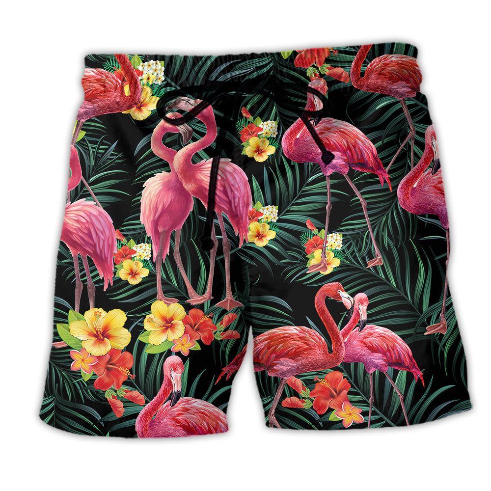 Flamingo Couple Love Flowers Trendy Aloha Hawaiian Beach Shorts Flamingo Couple Love Flowers Trendy Aloha Hawaiian Beach Shorts