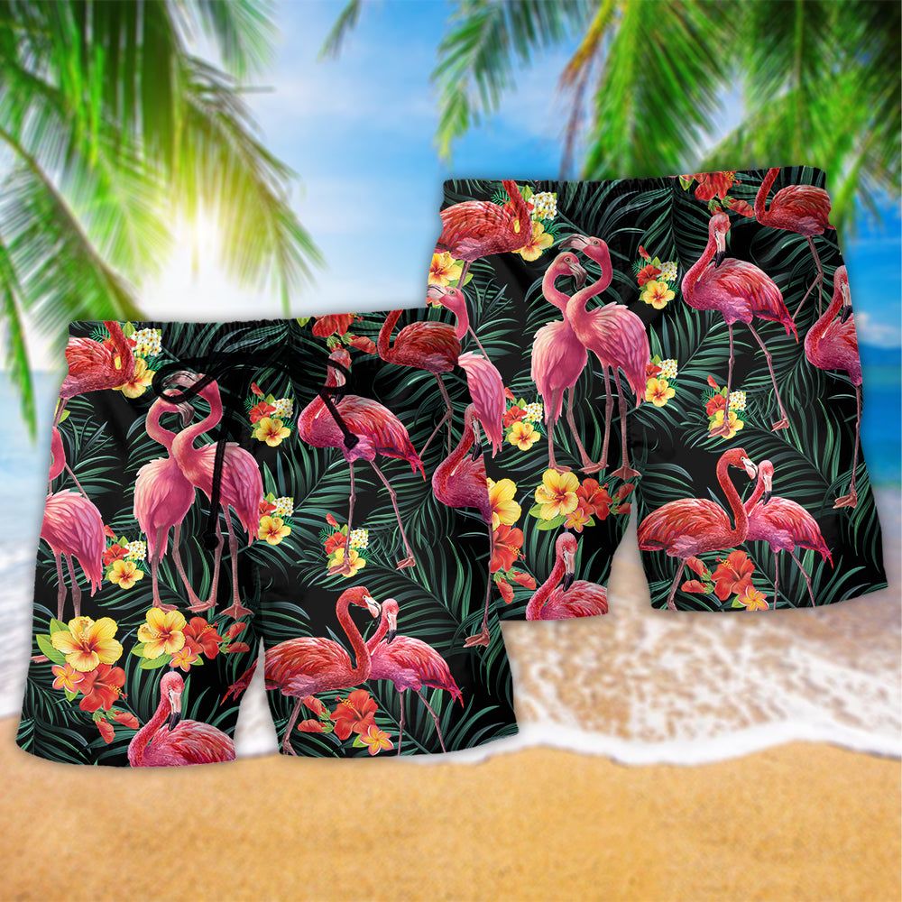 Flamingo Couple Love Flowers Trendy Aloha Hawaiian Beach Shorts
