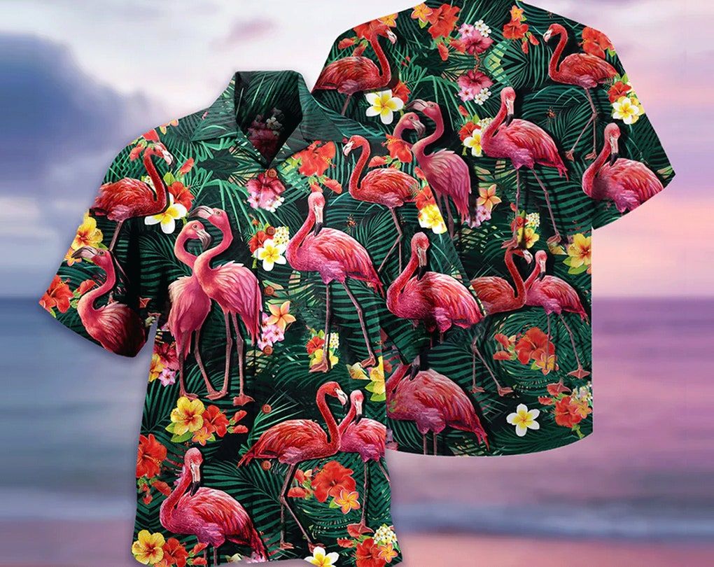 Flamingo Couple Love Flowers Trendy Hawaiian Shirt, Aloha Tropical Hawaii Shirt, Aloha Short Sleeve Button Down, Gift For Family, Hawaiian Set Gift