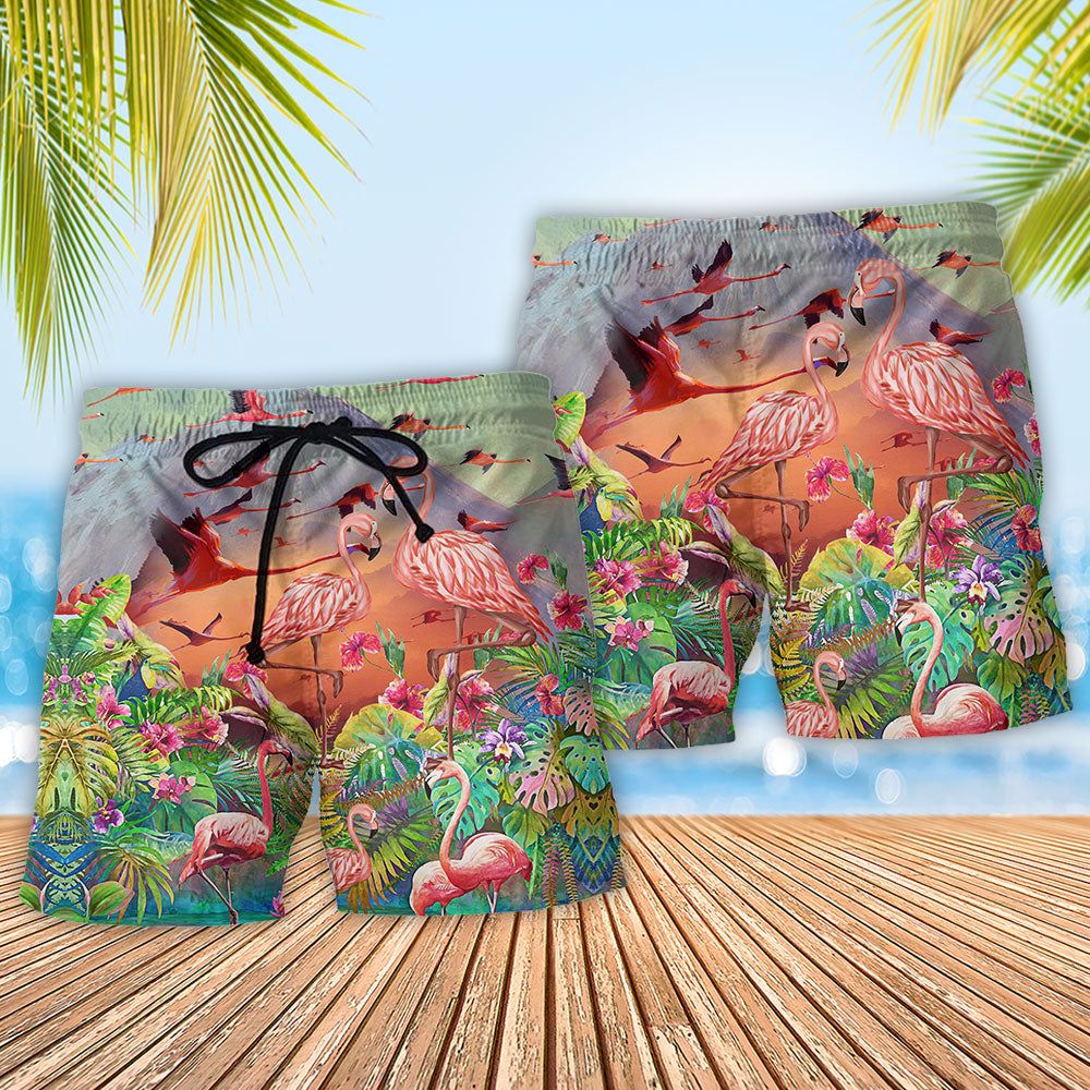 Flamingo Couple Love Tropical Trendy Aloha Hawaiian Beach Shorts
