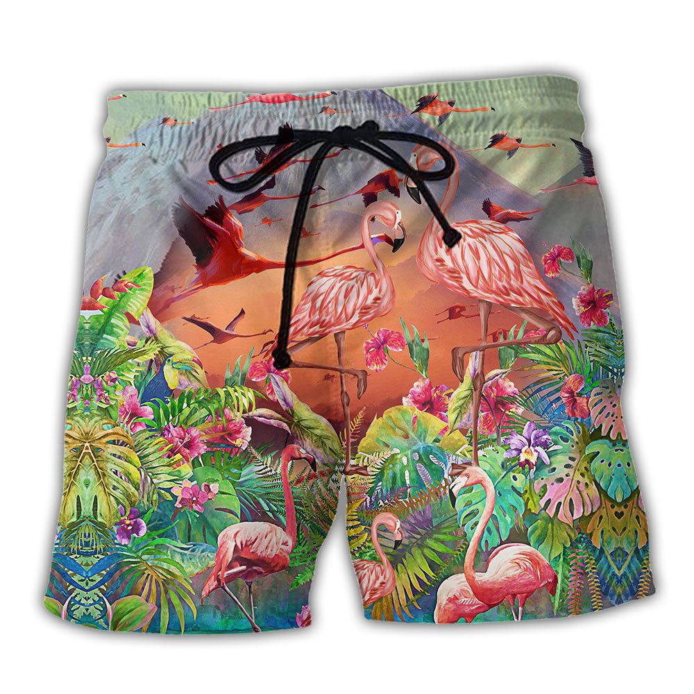 Flamingo Couple Love Tropical Trendy Aloha Hawaiian Beach Shorts Flamingo Couple Love Tropical Trendy Aloha Hawaiian Beach Shorts