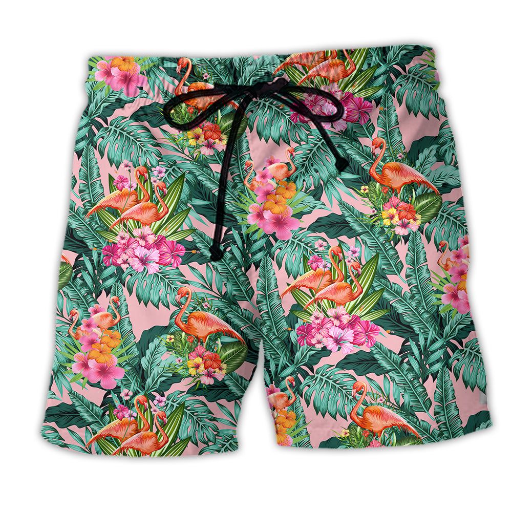 Flamingo Floral Tropical Leaf Trendy Aloha Hawaiian Beach Shorts Flamingo Floral Tropical Leaf Trendy Aloha Hawaiian Beach Shorts