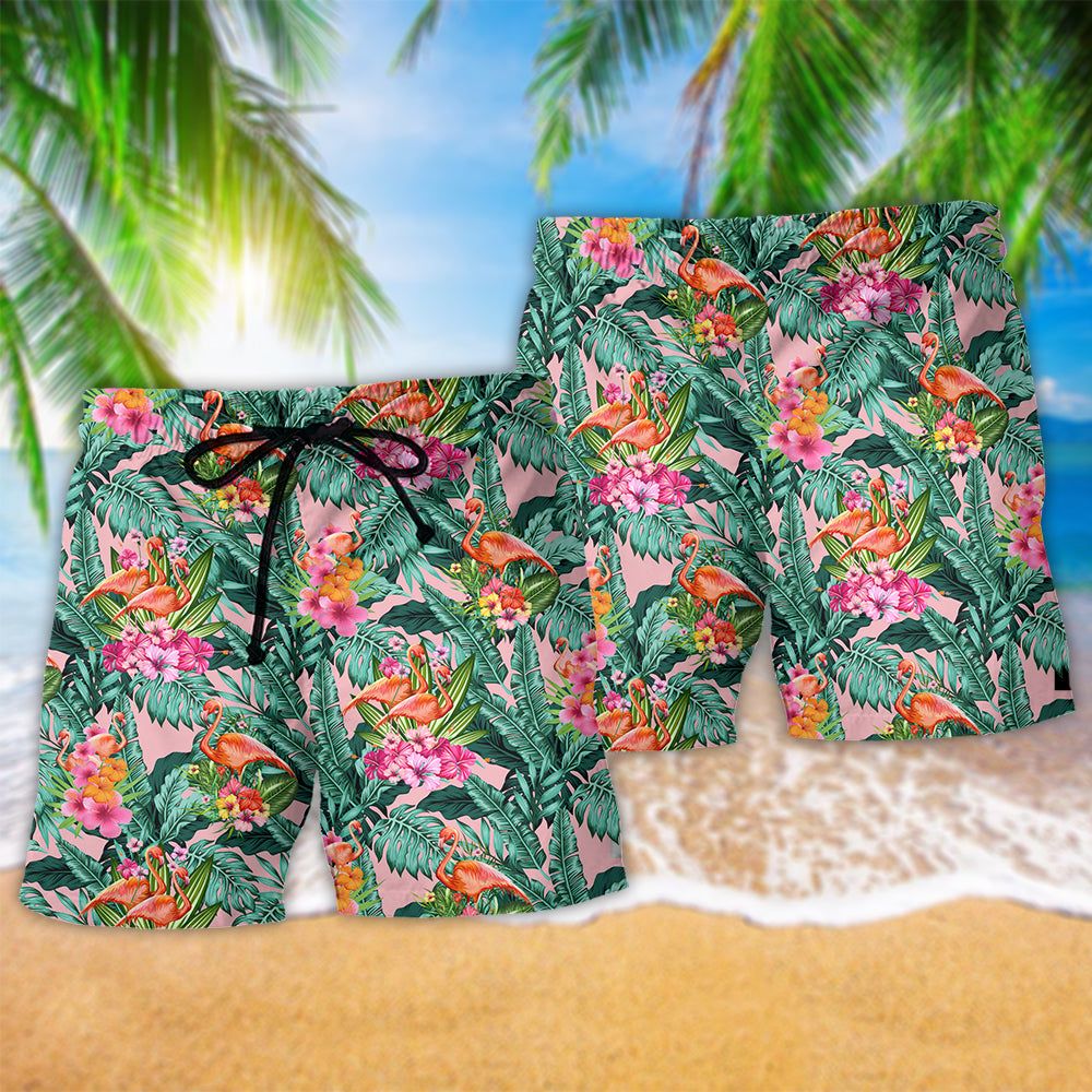 Flamingo Floral Tropical Leaf Trendy Aloha Hawaiian Beach Shorts