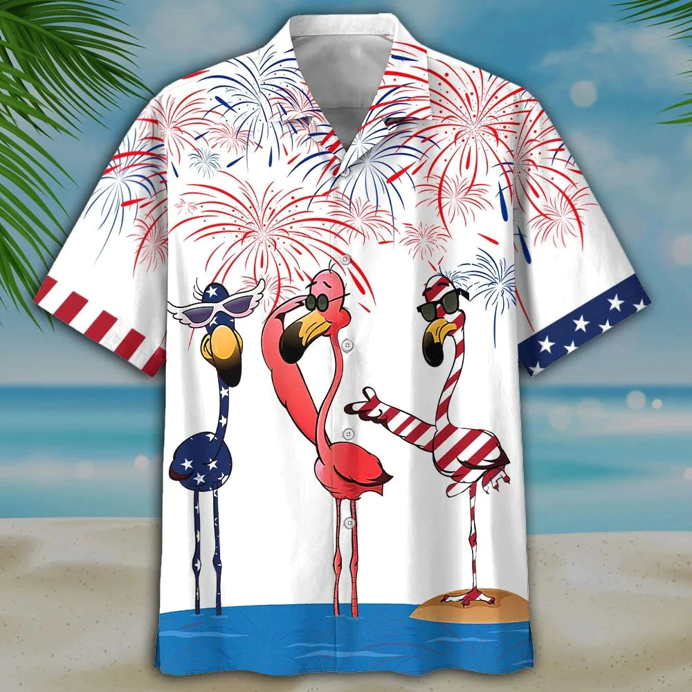 Flamingo Flowers Hawaiian Shirt Short Sleeve Mens Button Down