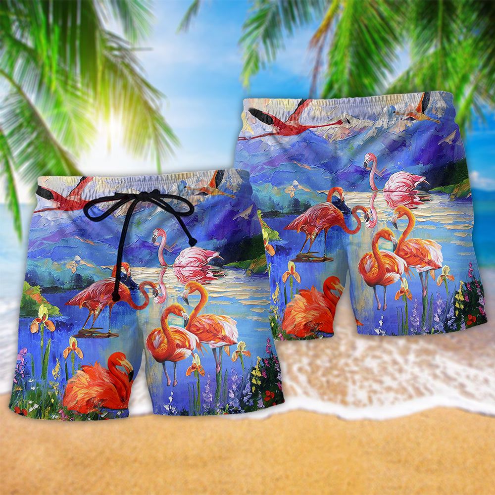 Flamingo Fly To Hawaii Floral Trendy Aloha Hawaiian Beach Shorts