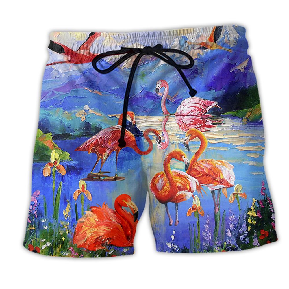Flamingo Fly To Hawaii Floral Trendy Aloha Hawaiian Beach Shorts Flamingo Fly To Hawaii Floral Trendy Aloha Hawaiian Beach Shorts
