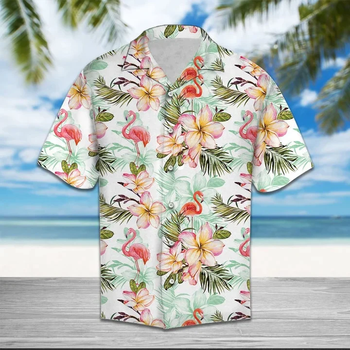 Flamingo Frangipani Flower While Theme Trendy Hawaiian Shirt Flamingo Frangipani Flower While Theme Trendy Hawaiian Shirt