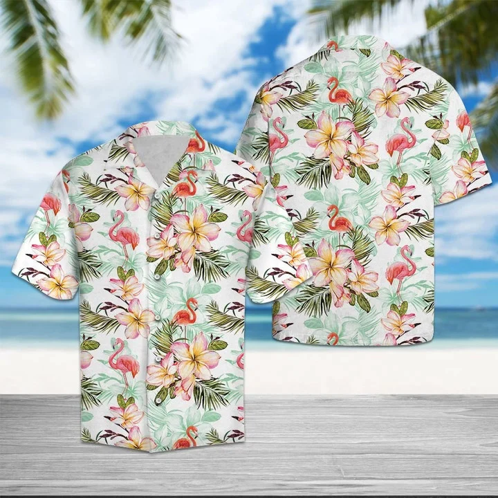 Flamingo Frangipani Flower While Theme Trendy Hawaiian Shirt