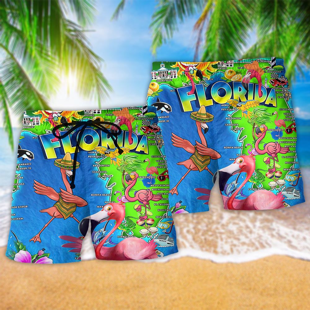 Flamingo Go To Florida To See Flamingo Trendy Aloha Hawaiian Beach Shorts