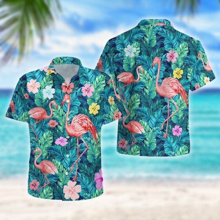 Flamingo Green Aloha Beach Hawaiian Shirt Summer Gift for Men
