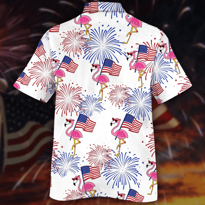Flamingo Hawaii Shirt, 4Th Of July Shirt, Flamingo And Flag Red And Blue Firework Trendy Hawaiian Shirt