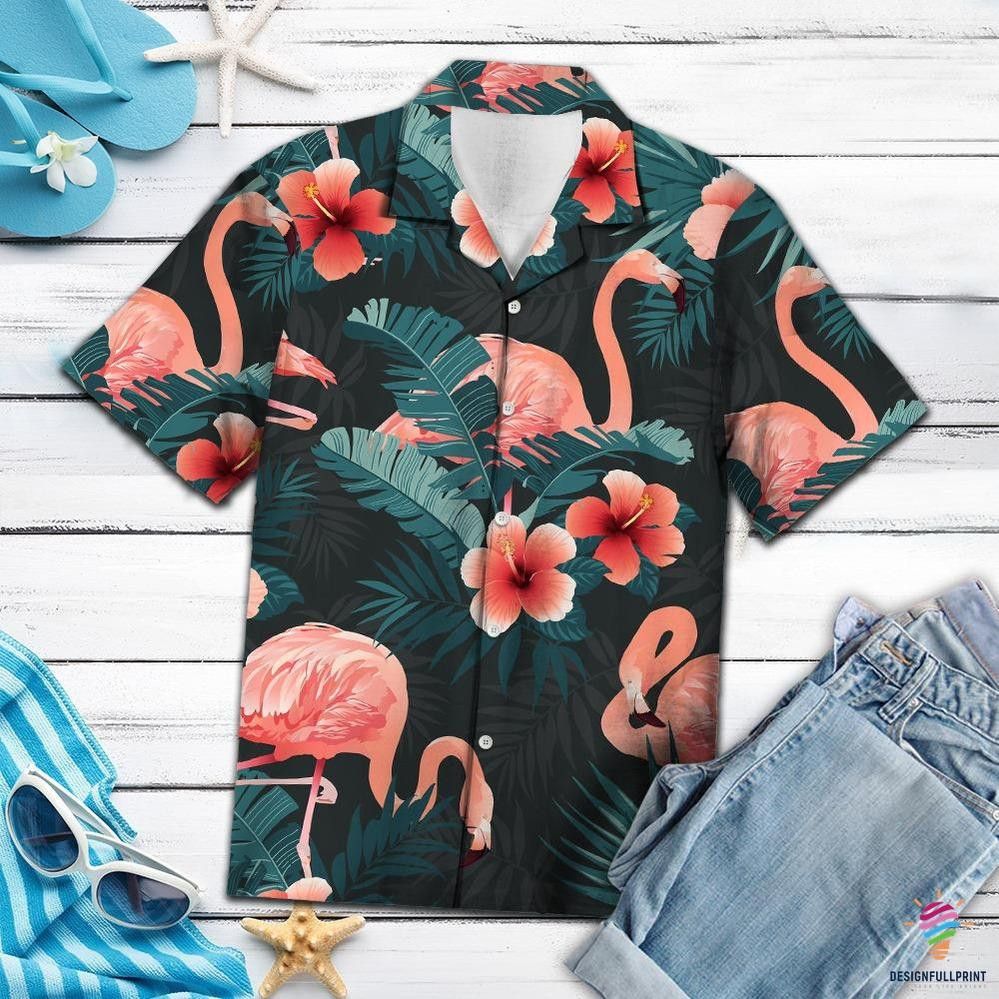 Flamingo Hawaii Shirt Orange Flamingo Dark Green Tropical Hawaiian Shirt Flamingo Aloha Shirt