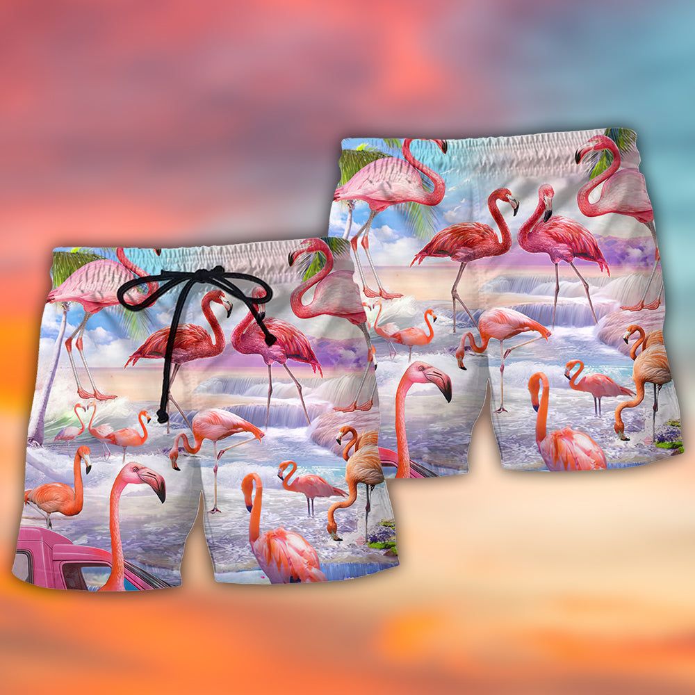Flamingo In The Paradise Cool Style Trendy Aloha Hawaiian Beach Shorts