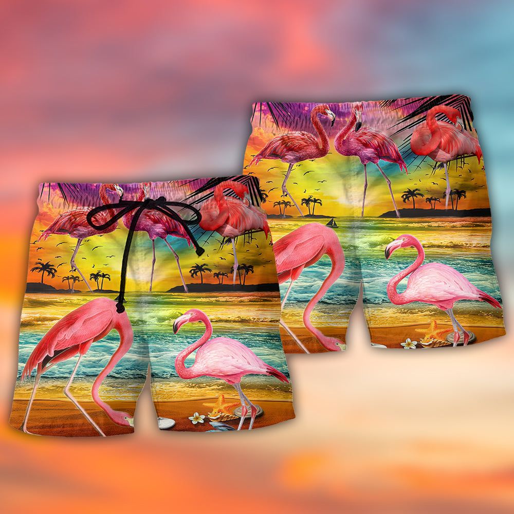 Flamingo In The Paradise Summer Cool Style Trendy Aloha Hawaiian Beach Shorts
