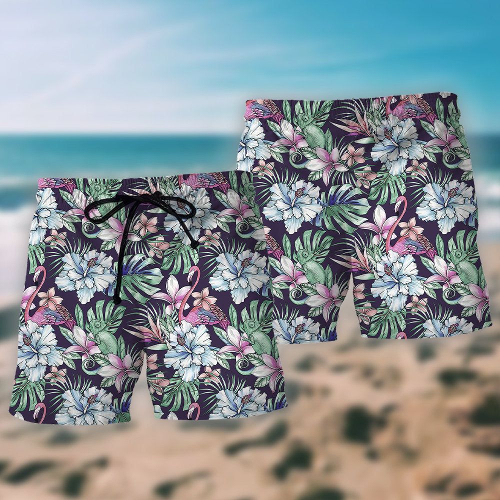 Flamingo Lizard Hibiscus Love Hot Summer Trendy Aloha Hawaiian Beach Shorts