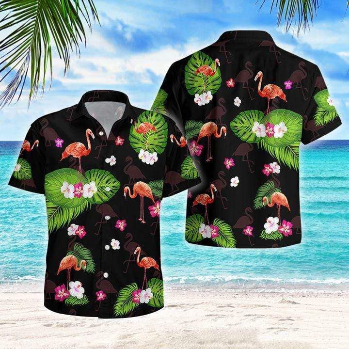 Flamingo Palm Black Tropical Trendy Hawaiian Shirt