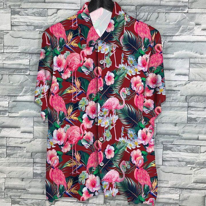 Flamingo Rain Forest Jungle Red Palm Leaves Pattern Trendy Hawaiian Shirt