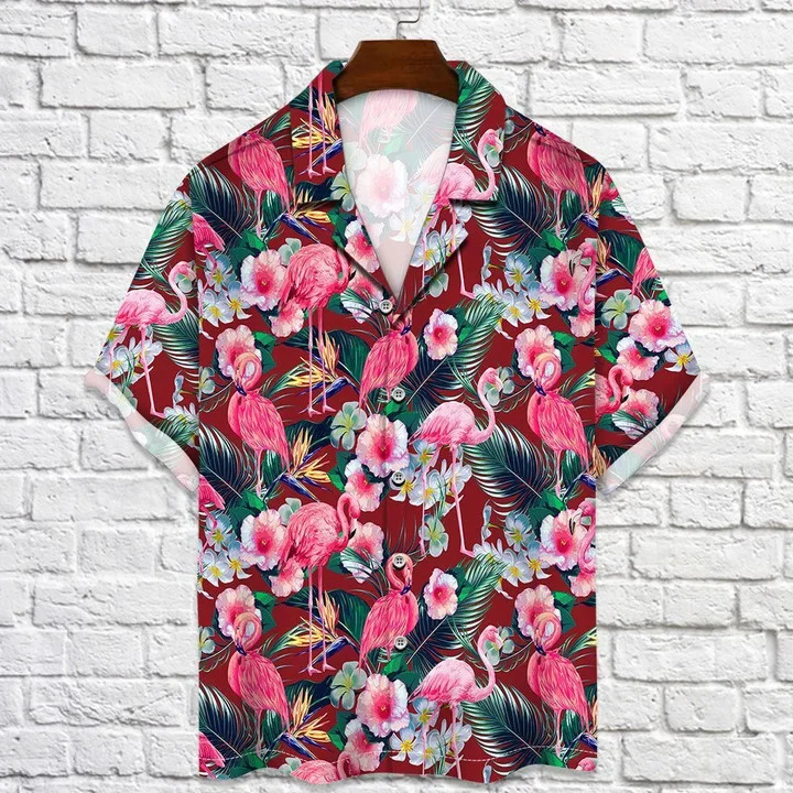 Flamingo Rain Forest Jungle Red Palm Leaves Pattern Trendy Hawaiian Shirt
