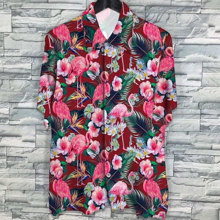 Flamingo Rain Forest Jungle Red Palm Leaves Pattern Trendy Hawaiian Shirt