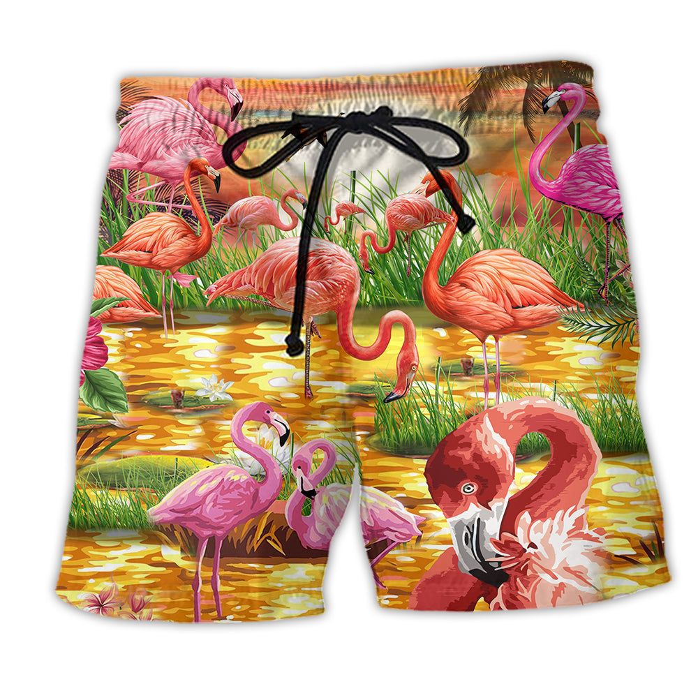 Flamingo Romantic Sunset With Flamingo Trendy Aloha Hawaiian Beach Shorts Flamingo Romantic Sunset With Flamingo Trendy Aloha Hawaiian Beach Shorts