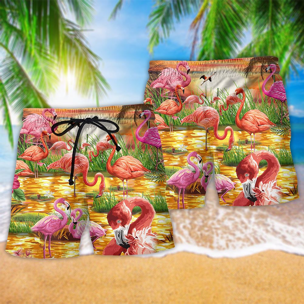 Flamingo Romantic Sunset With Flamingo Trendy Aloha Hawaiian Beach Shorts