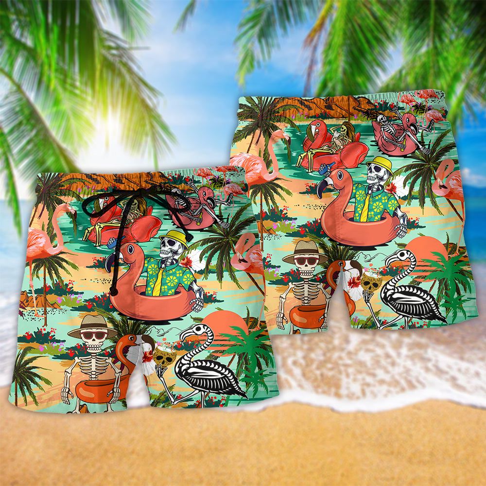 Flamingo Skull In Hawaii Tropical Summer Trendy Aloha Hawaiian Beach Shorts