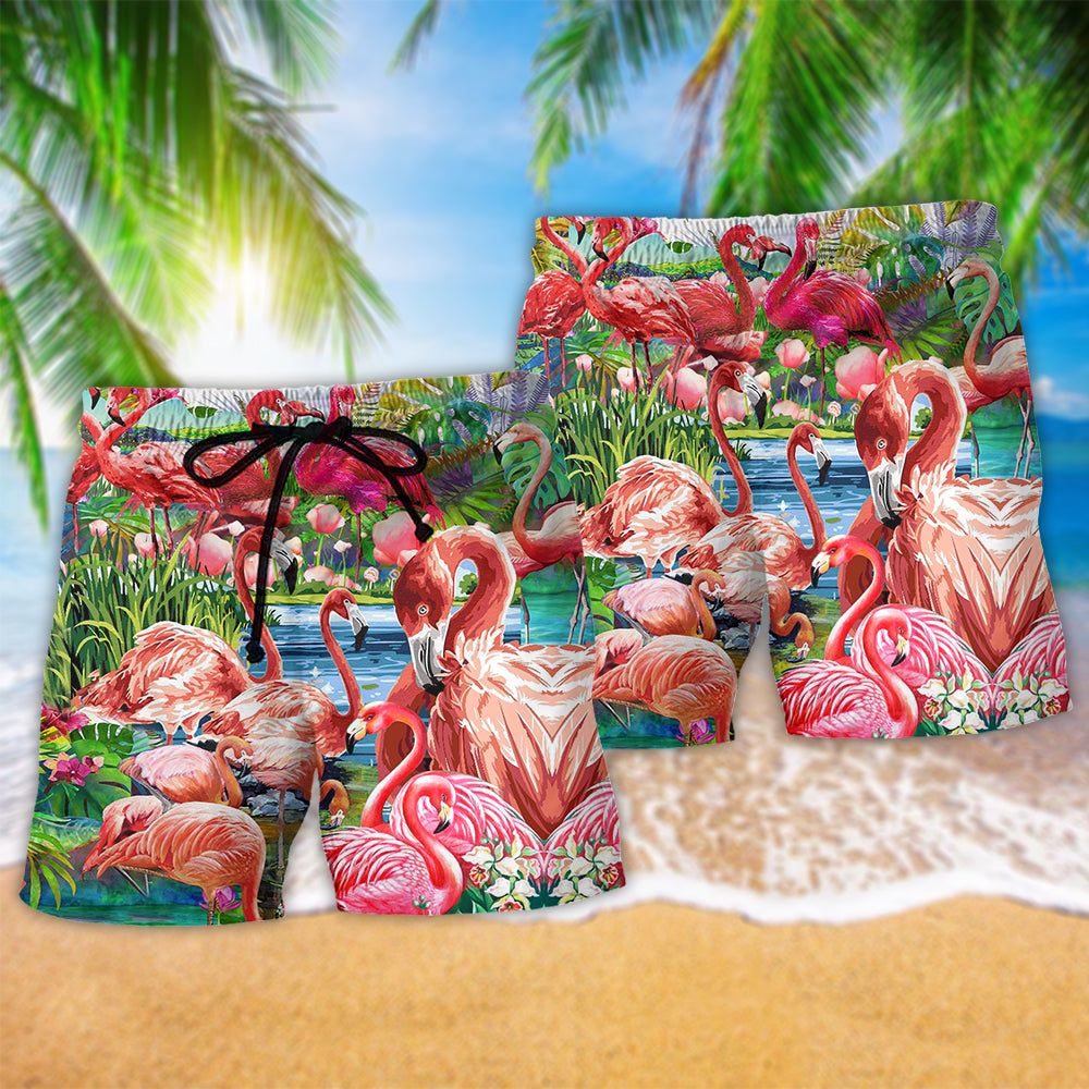 Flamingo Slow Down Enjoy The Moment Lotus Trendy Aloha Hawaiian Beach Shorts