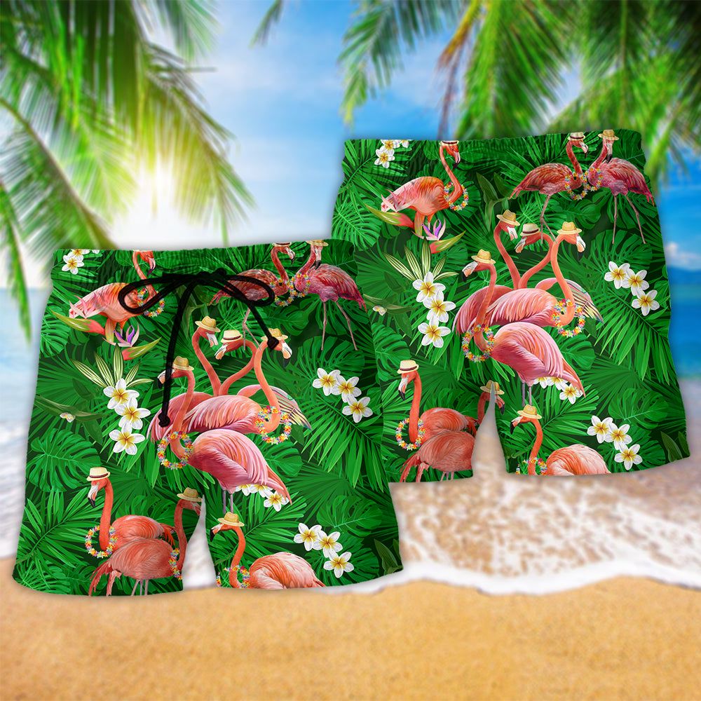 Flamingo Stand Tall And Be Fabulous Trendy Aloha Hawaiian Beach Shorts