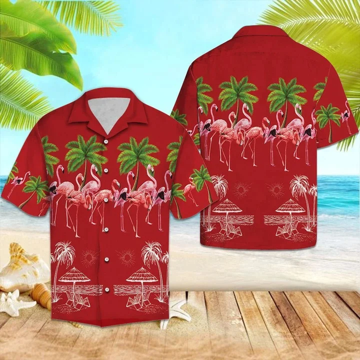 Flamingo Summer With Palm Trees In Red Trendy Hawaiian Shirt Flamingo Summer With Palm Trees In Red Trendy Hawaiian Shirt