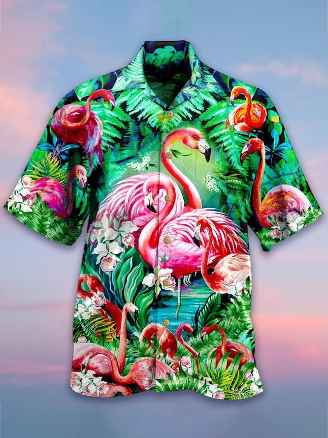 Flamingo Trendy Hawaiian Shirt, Flamingo Short Sleeve Hawaiian Aloha Shirt, Flamingo Trendy Hawaiian Shirt For Men, Women