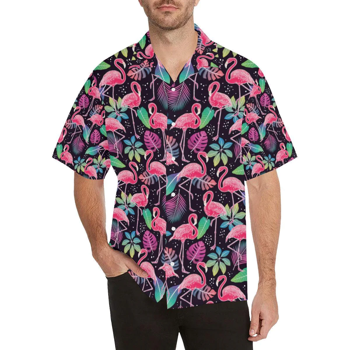 Flamingo Tropical Leaves Neon Print Trendy Hawaiian Shirt, Unisex Print Aloha Short Sleeve Casual Shirt Summer Gifts