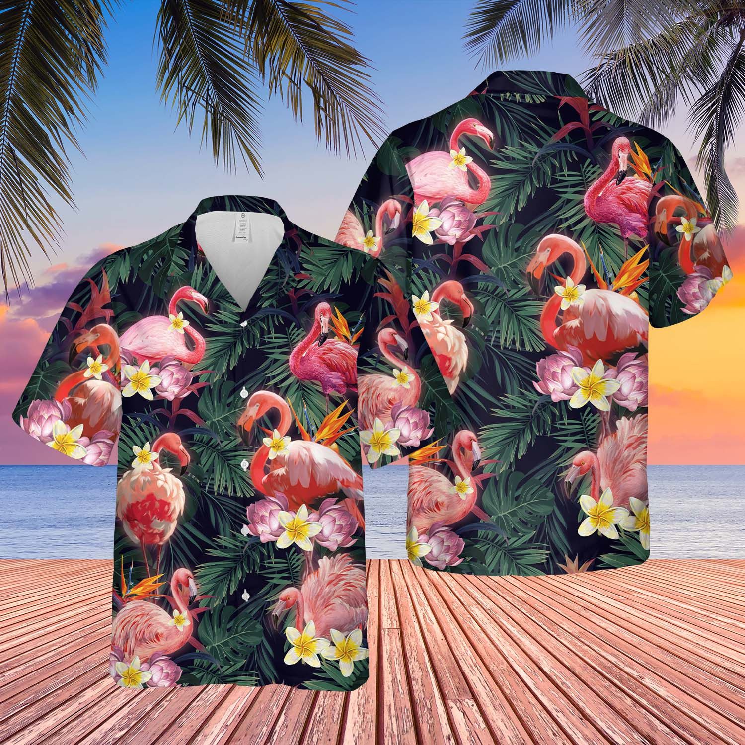 Flamingo Tropical Palm Leaves And Flowers Trendy Hawaiian Shirt, Unisex Print Aloha Short Sleeve Casual Shirt Summer Gifts